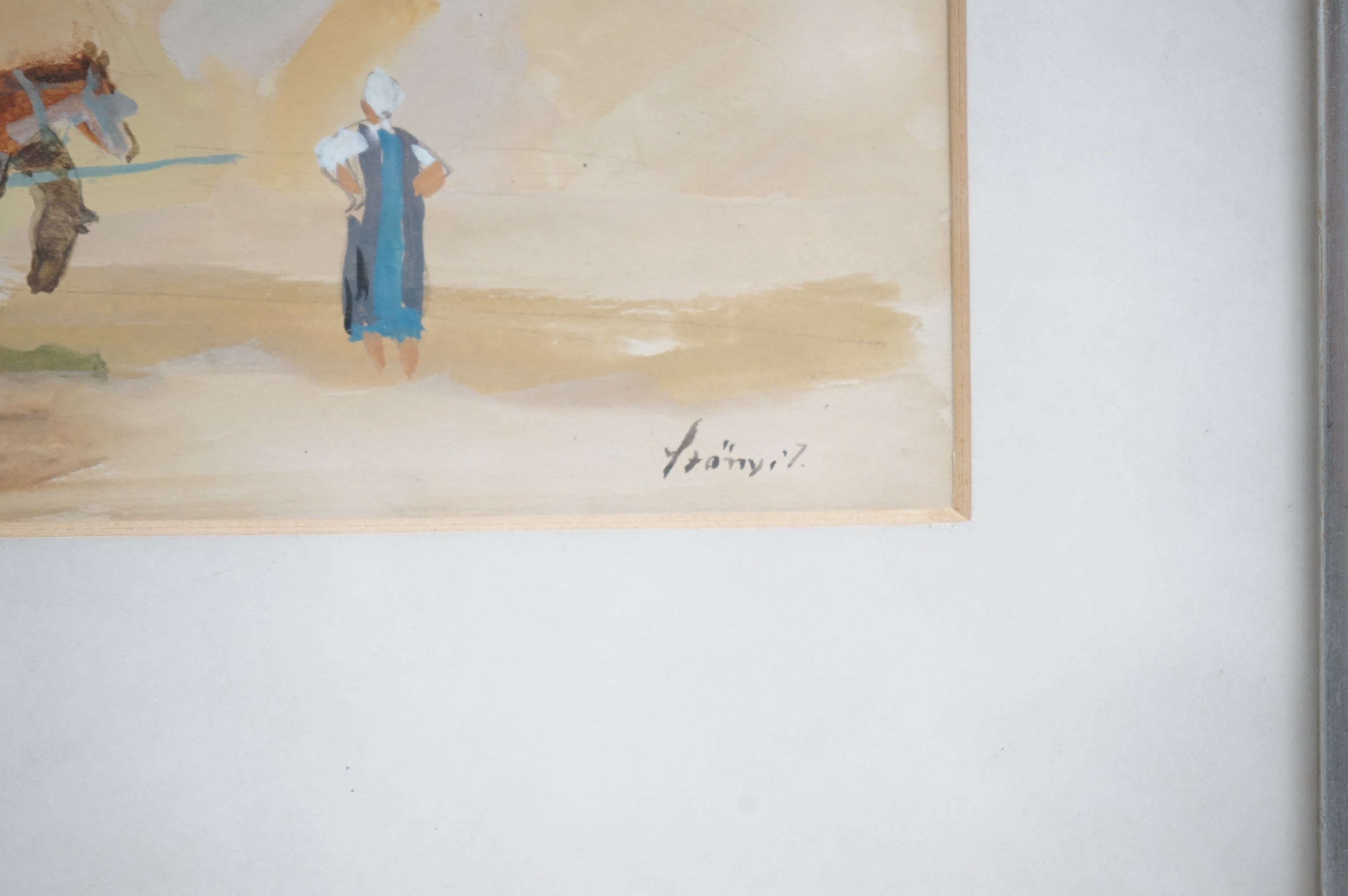 Szonyi Istvan (Hungarian, 1894-1960), pencil and watercolour, horse and wagon, signed, 19 x 32cm